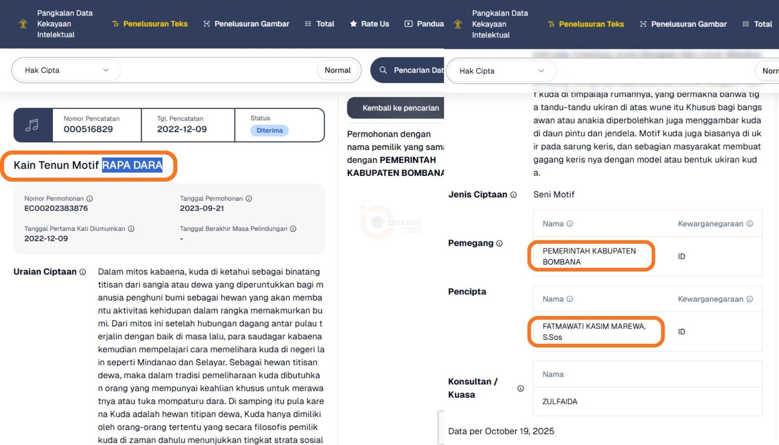 Bom waktu Sertifikat HaKI Rapa Dara