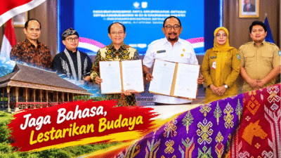 Bupati Bombana Burhanuddin bersama Kepala Badan Bahasa Hafidz Muksin dalam kerja sama pelestarian bahasa daerah